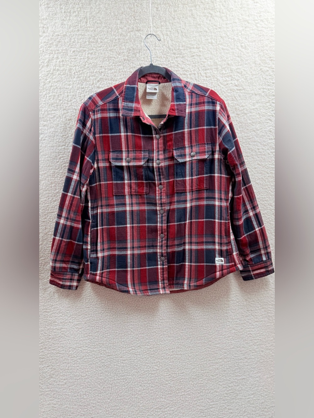 The North Face Shirt Jacket Womens Red black Plaid Flannel Sherpa Lined Snap L